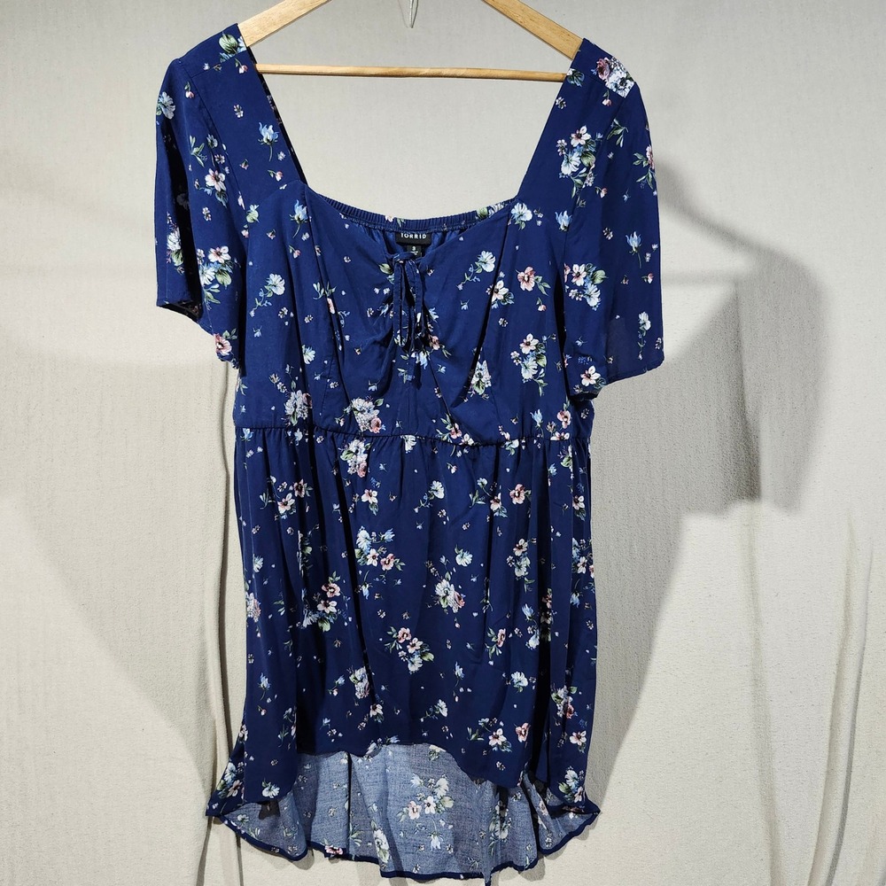 Torrid Womens Plus Size 3 Blue Floral Lace Up Babydoll High Low Top Cottage Boho